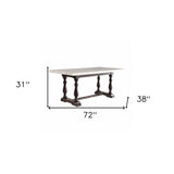 72" White and Gray Marble And Solid Wood Trestle Base Dining Table