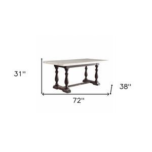 72" White and Gray Marble And Solid Wood Trestle Base Dining Table