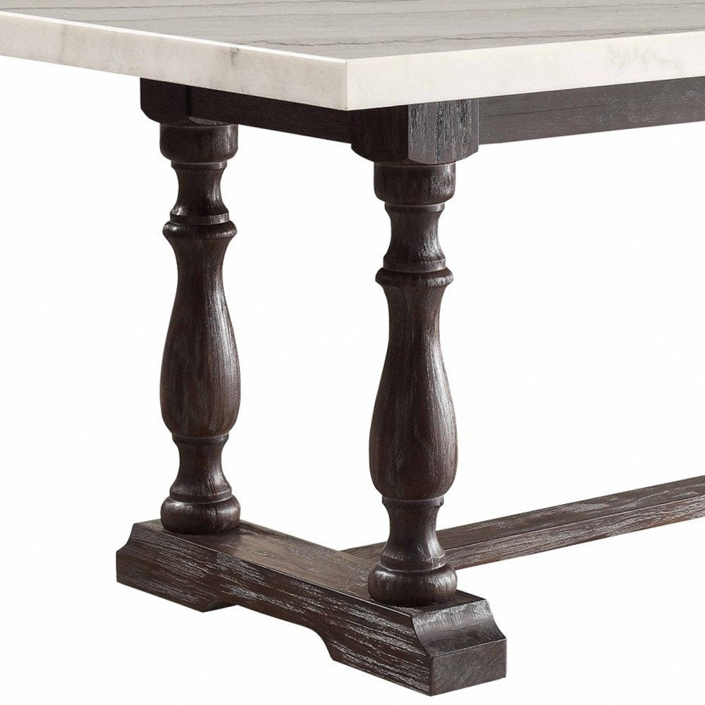 72" White and Gray Marble And Solid Wood Trestle Base Dining Table