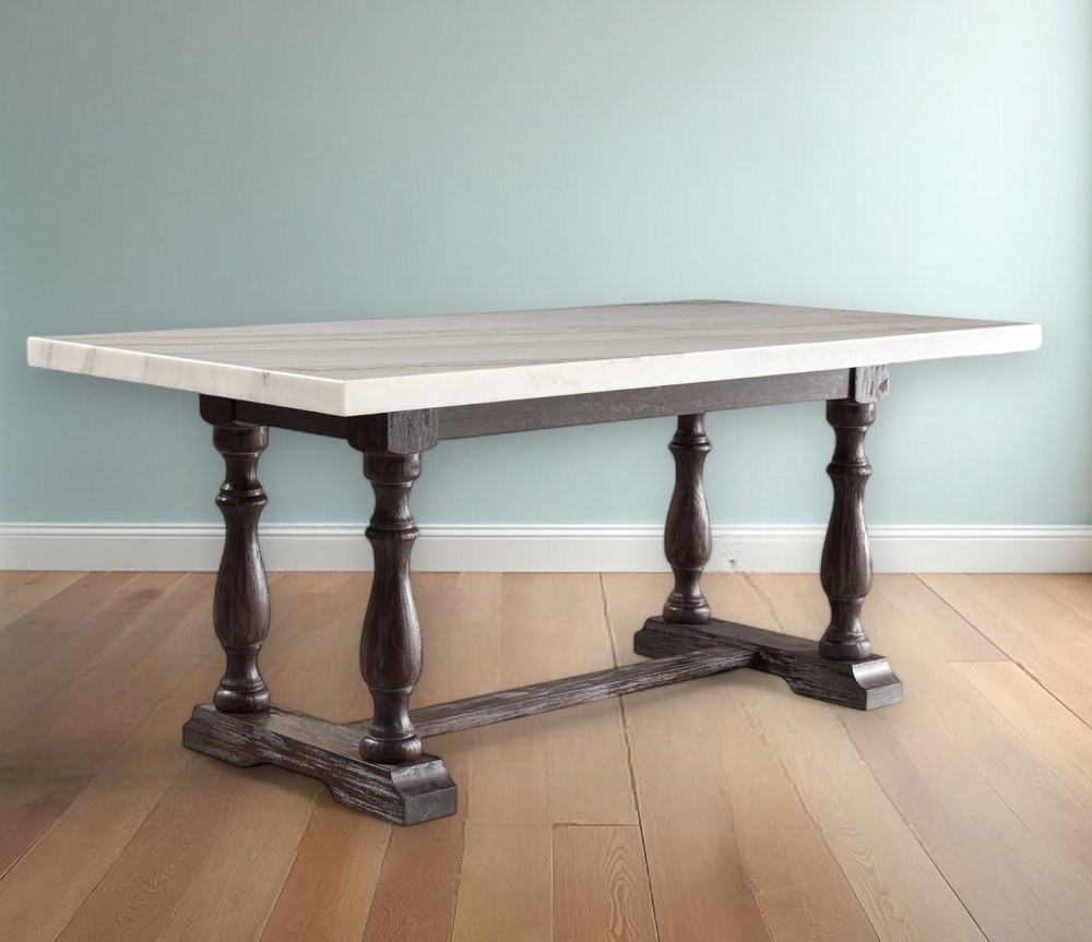 72" White and Gray Marble And Solid Wood Trestle Base Dining Table
