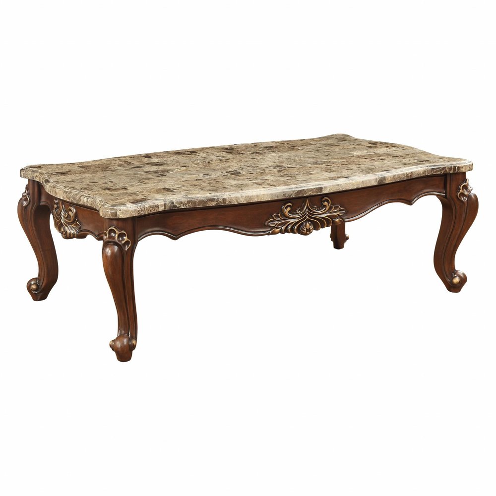 34" Brown and Dark Brown Faux Marble And Solid Wood Free Form Coffee Table