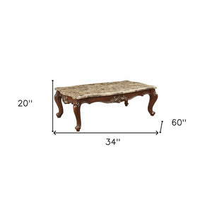 34" Brown and Dark Brown Faux Marble And Solid Wood Free Form Coffee Table