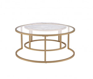 Set of Two Clear White and Gold Glass And Faux Marble And Iron Round Frame Nested Coffee Tables
