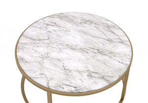 Set of Two Clear White and Gold Glass And Faux Marble And Iron Round Frame Nested Coffee Tables