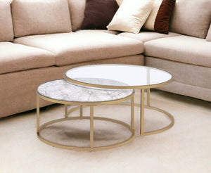 Set of Two Clear White and Gold Glass And Faux Marble And Iron Round Frame Nested Coffee Tables