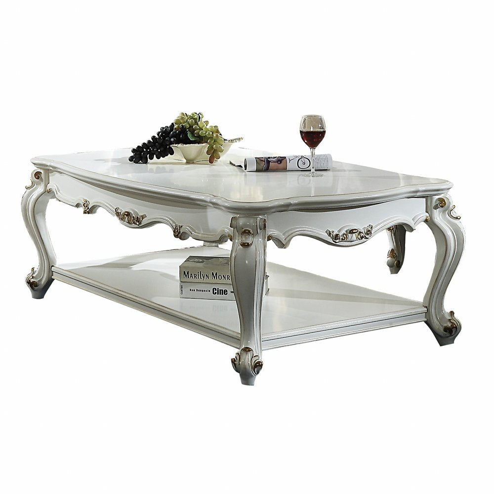 36" White Resin And Wood Coffee Table With Shelf