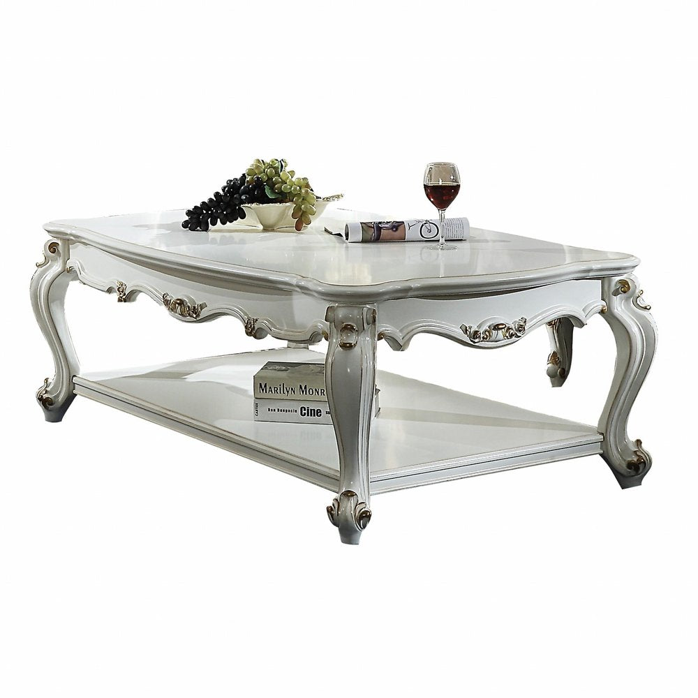 36" White Resin And Wood Coffee Table With Shelf