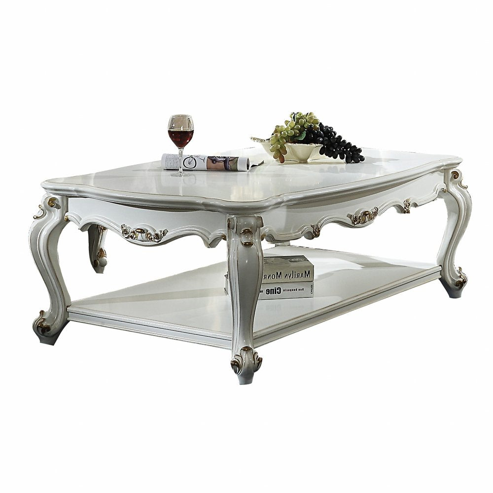 36" White Resin And Wood Coffee Table With Shelf