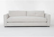 The Thea Down 101 Inch Beige Chenille Sofa, featuring a minimal design, is set against a plain white background. This modern piece includes two large back cushions and low, blocky armrests for a contemporary look.