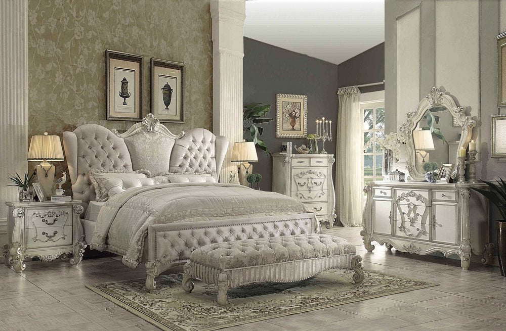 Ivory and White Solid Wood And Tufted Velvet Bed Frame With Nailhead Trim