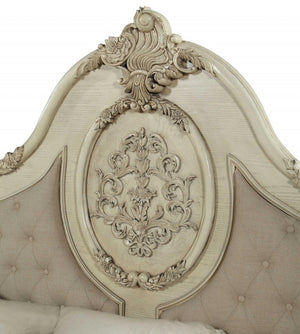 Beige Wood And Tufted Linen Queen Bed Frame With Nailhead Trim