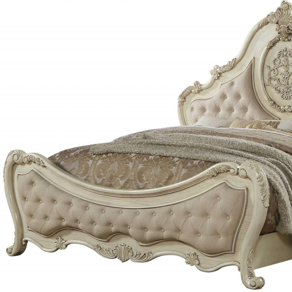Beige Wood And Tufted Linen Queen Bed Frame With Nailhead Trim