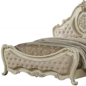Beige Wood And Tufted Linen Queen Bed Frame With Nailhead Trim