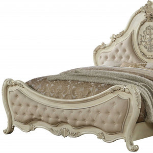 Antiqued White King Tufted Upholstered Linen Bed Frame with Nailhead Trim