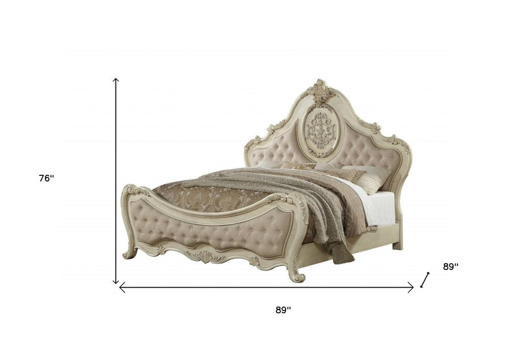 Beige Wood And Tufted Linen Queen Bed Frame With Nailhead Trim