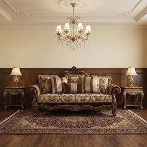37" Oak Velvet Floral Sofa And Toss Pillows With Espresso Legs