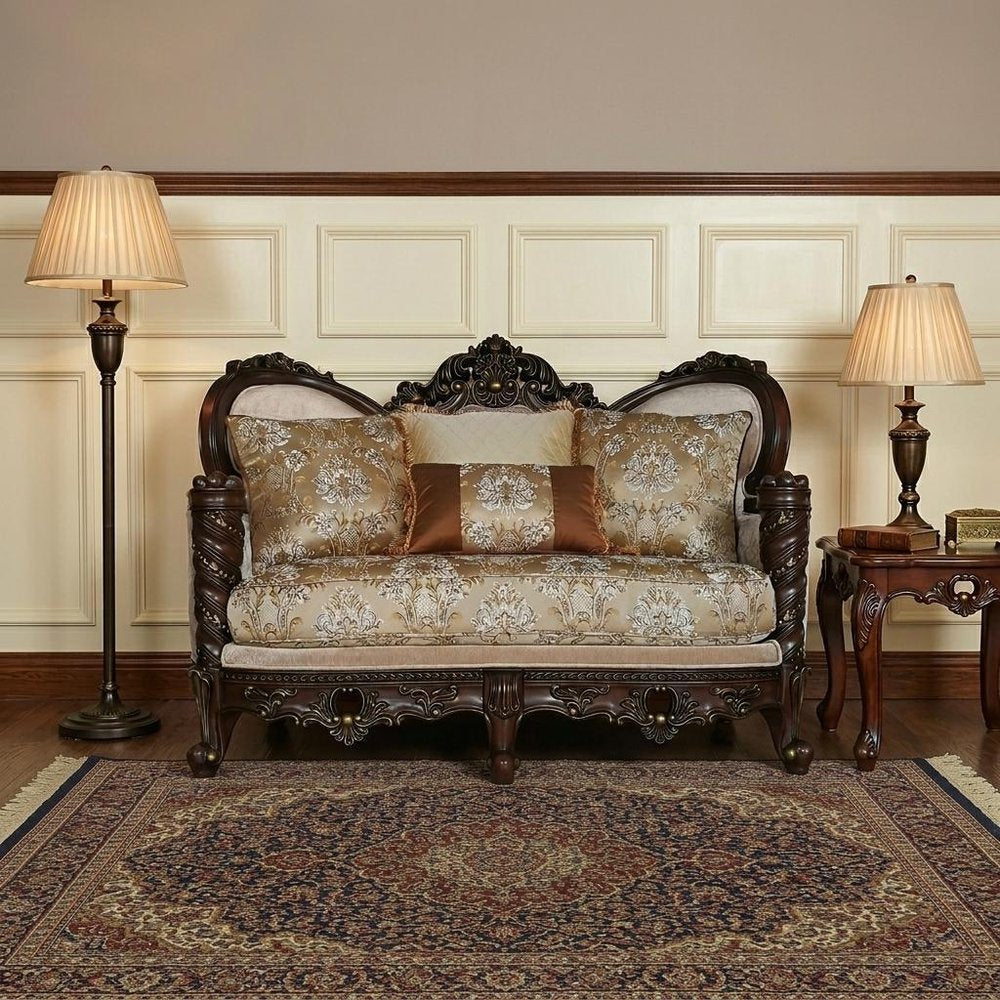 68" Cream And Brown Damask Chesterfield Loveseat and Toss Pillows