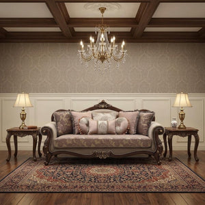 88" Beige Velvet Floral Sofa And Toss Pillows With Brown Legs