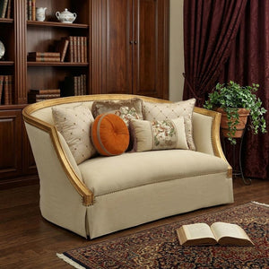 70" Tan And Gold Curved Loveseat and Toss Pillows