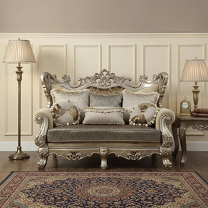 72" Cream And Platinum Damask Chesterfield Loveseat and Toss Pillows