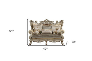 72" Cream And Platinum Damask Chesterfield Loveseat and Toss Pillows