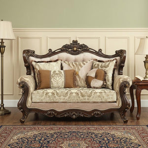 70" Beige and Brown And Brown Damask Loveseat and Toss Pillows