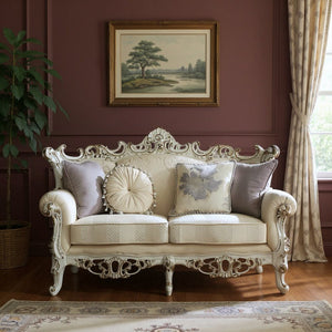 61" Ivory And Silver Damask Chesterfield Loveseat