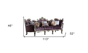 52" Dark Purple Velvet Curved Striped Sofa And Toss Pillows With Platinum Legs