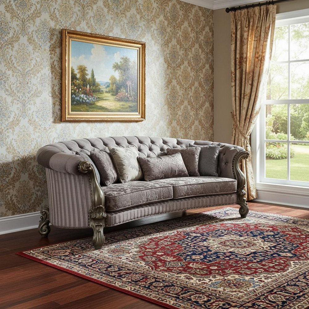 55" Gray Velvet Curved Floral Sofa And Toss Pillows With Champagne Legs