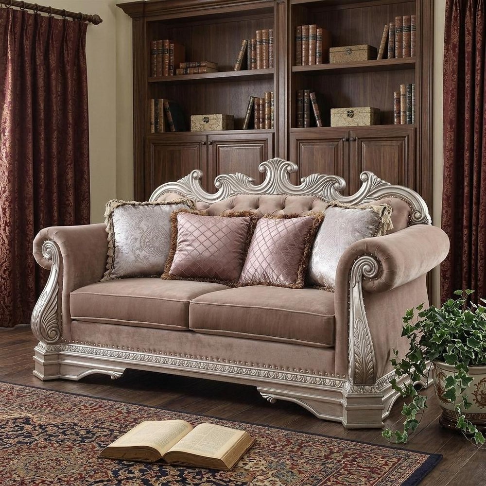 80" Champagne Velour Loveseat and Toss Pillows
