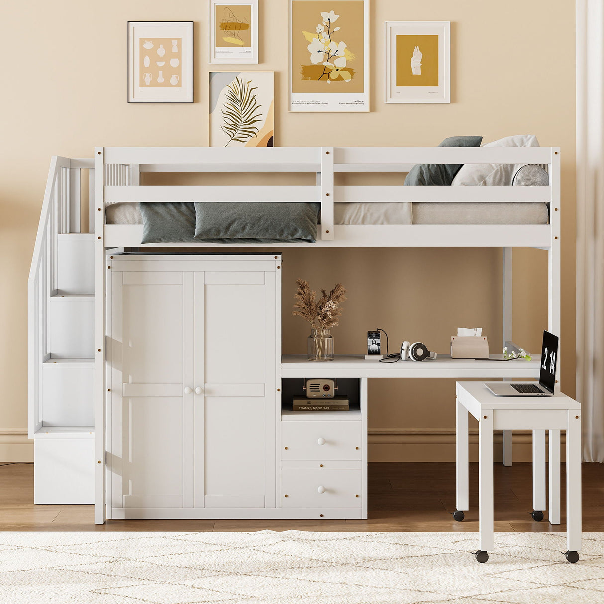 Loft Bed With Stairs, Bookshelf, Drawers, Desk & Wardrobe, Space Saving Multifunctional Furniture