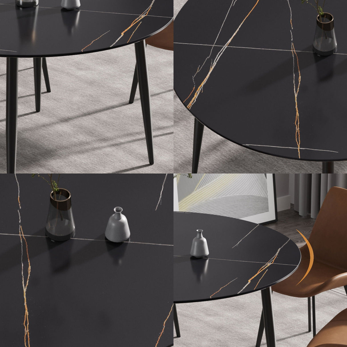 Modern Artificial Stone Round Dining Table With Metal Legs, Can Accommodate 6 People - Black by Couch.com