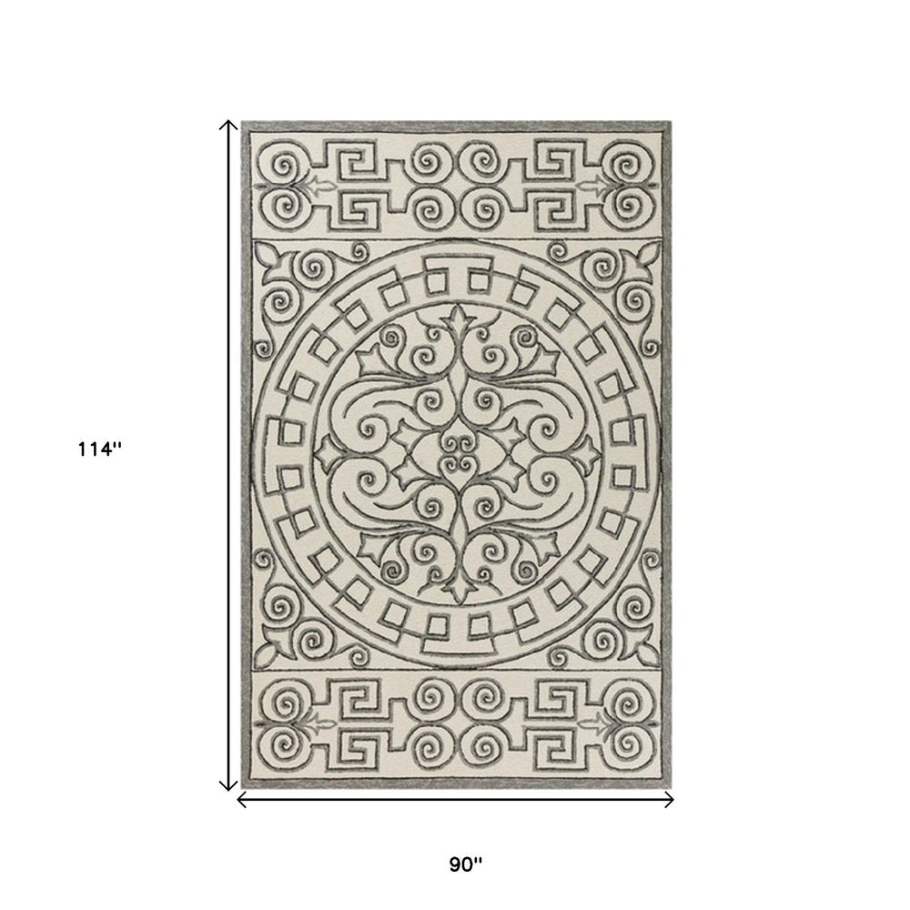 8' X 10' Gray and Ivory Damask Handmade Indoor Outdoor Area Rug