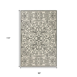 8' X 10' Gray and Ivory Damask Handmade Indoor Outdoor Area Rug