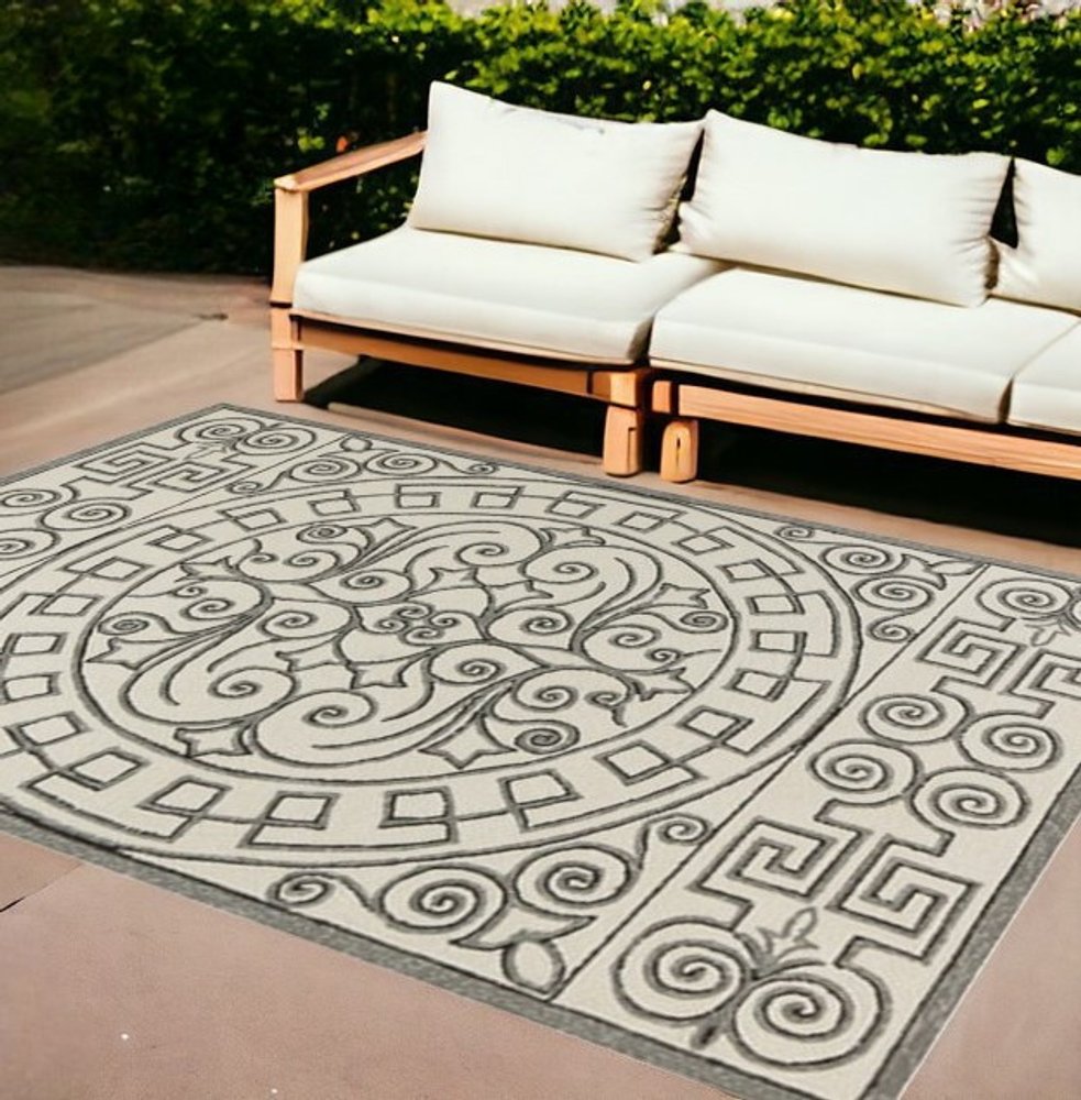8' X 10' Gray and Ivory Damask Handmade Indoor Outdoor Area Rug