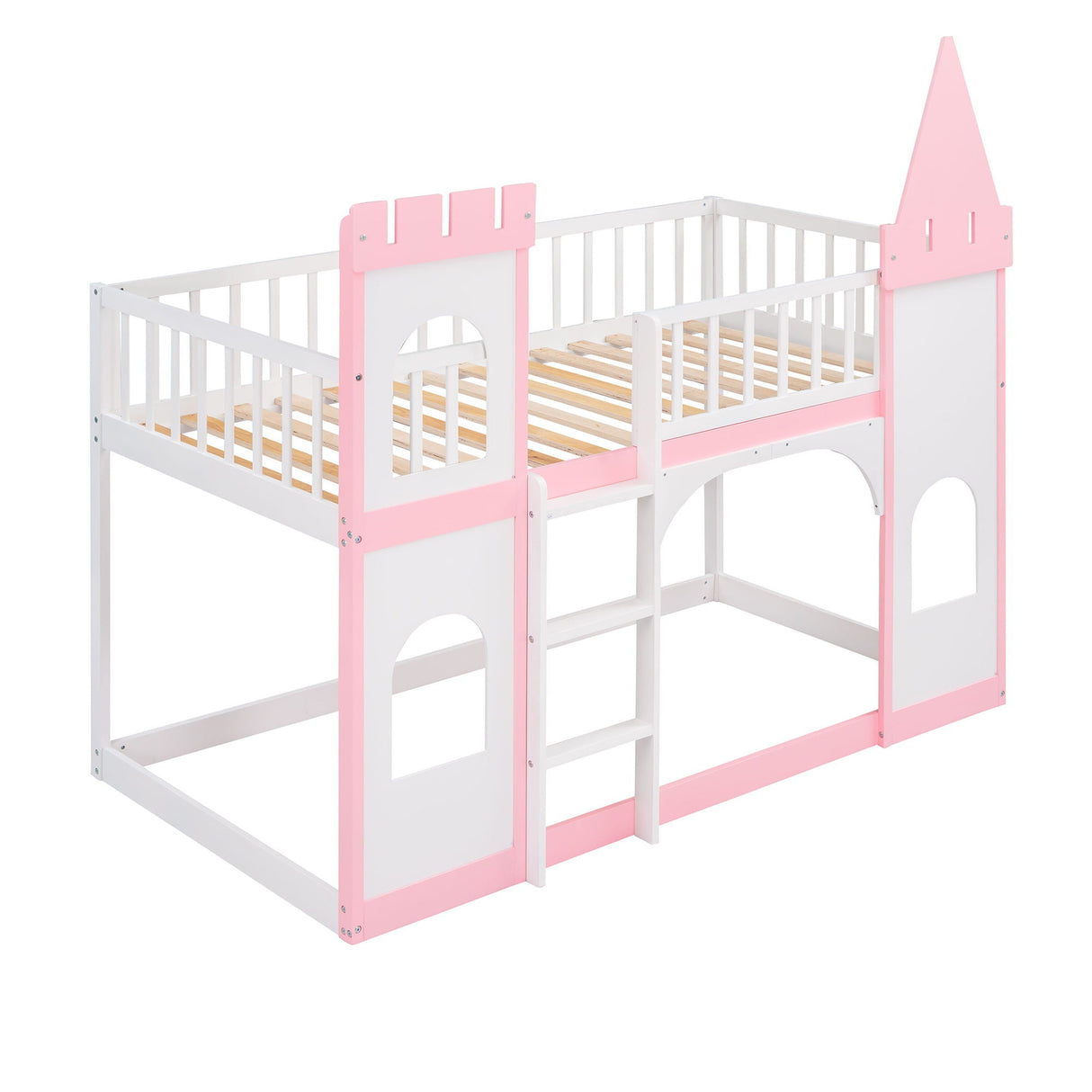 Twin Over Twin Castle Bunk Bed With Ladder - Pink by Couch.com