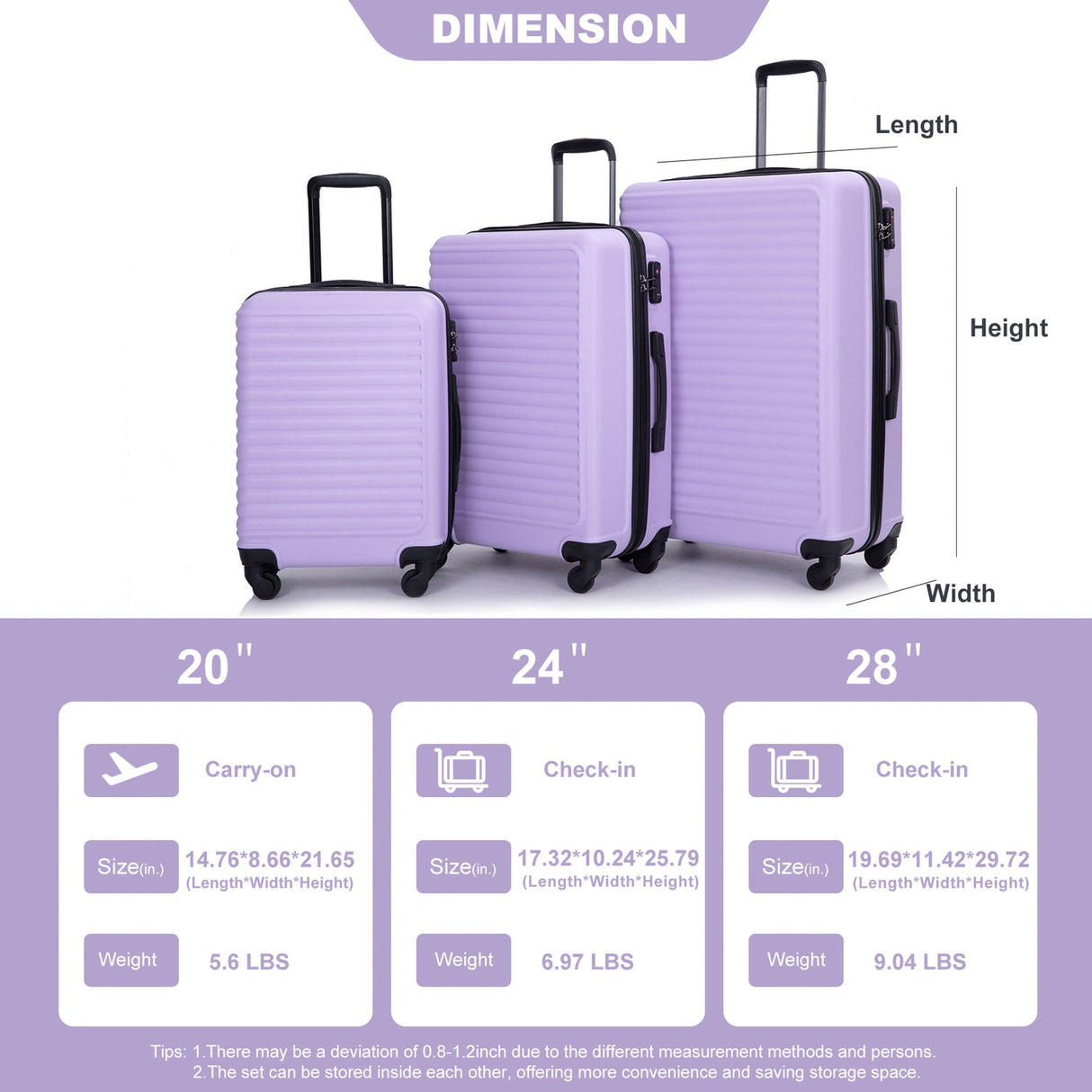 3 Piece Luggage Sets Lightweight Suitcase With Two Hooks, Spinner Wheels, Tsa Lock by Couch.com