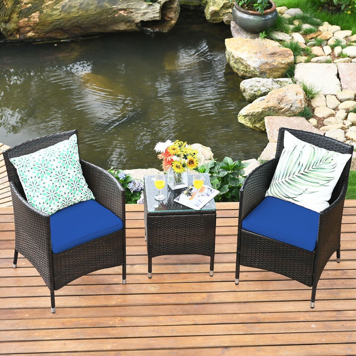 3 Pcs Outdoor Rattan Wicker Furniture Set-Blue