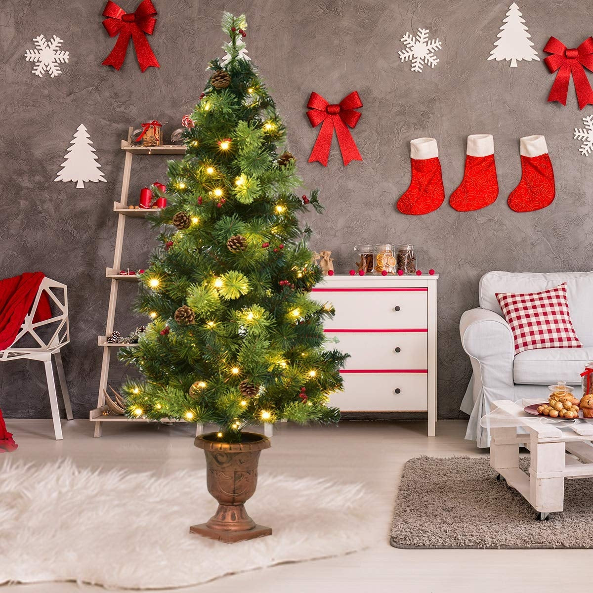 LED Christmas Tree with Red Berries Pine Cones-4 Feet