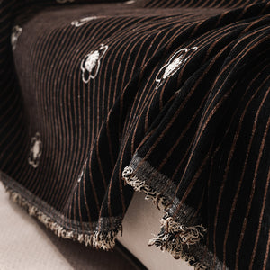 Chenille Camellia Floral Sofa Throw Cover Couch Blanket with Striped Jacquard