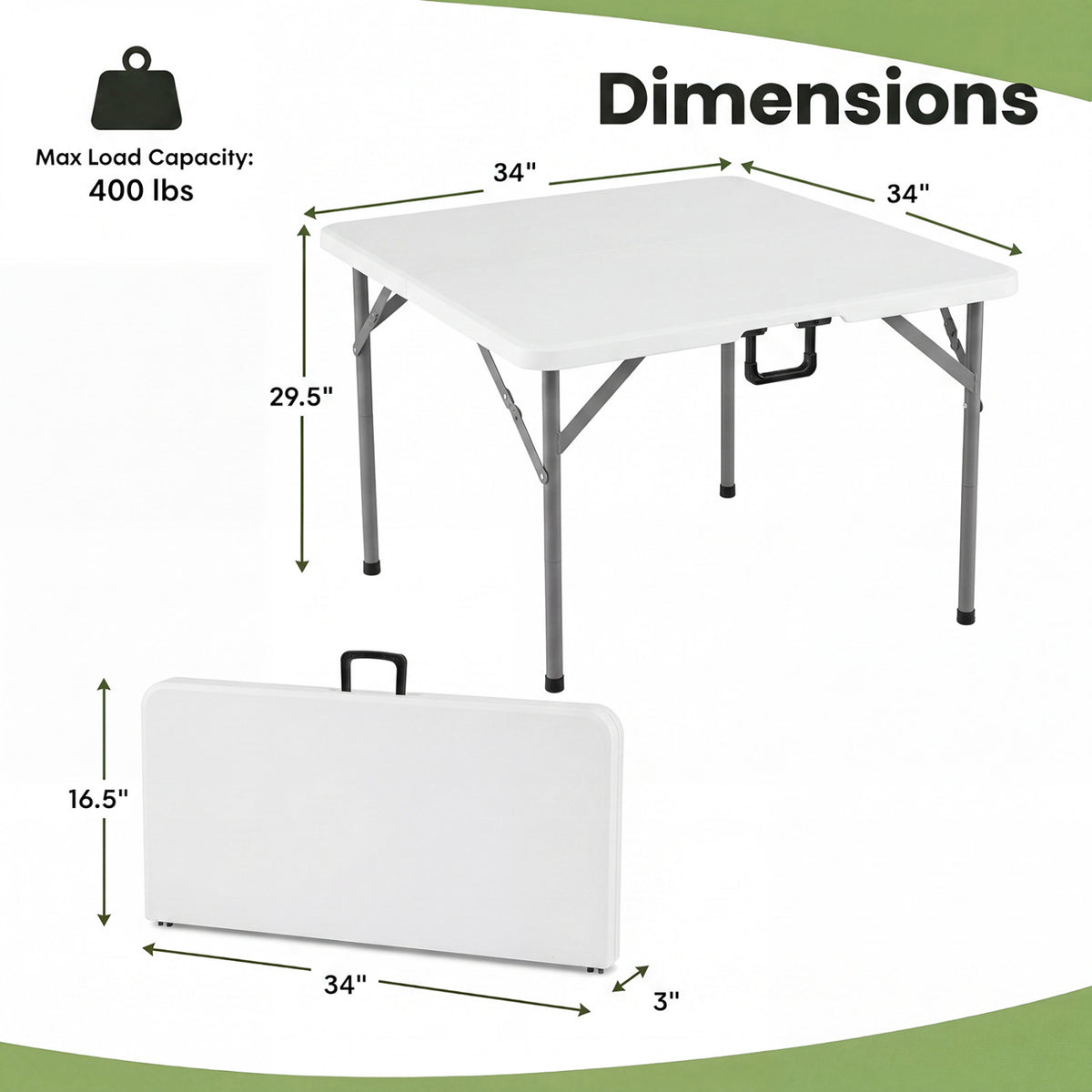 34 Inch Square Foldable Card Table with Carrying Handle-White