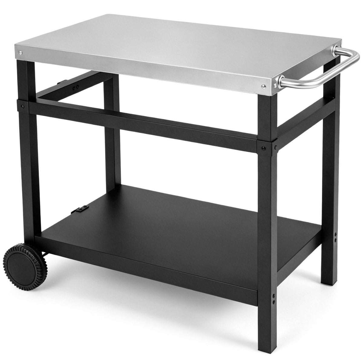 34" x 20" Double-Shelf Grill Table with Steel Top-Black