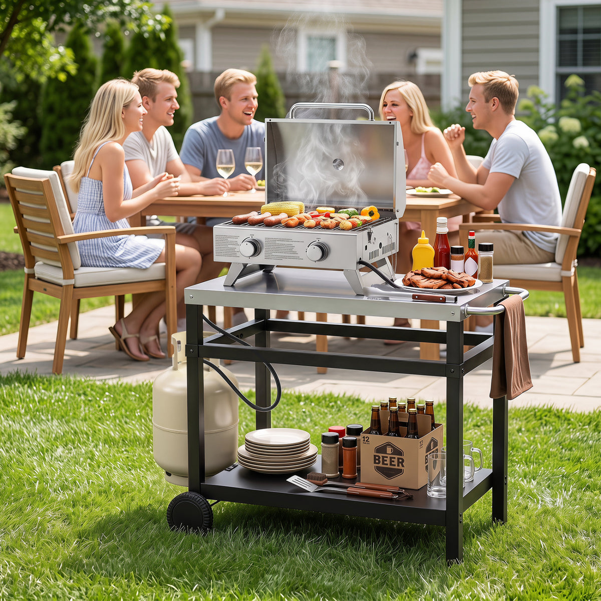 34" x 20" Double-Shelf Grill Table with Steel Top-Black