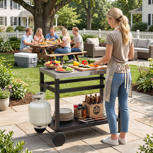 34" x 20" Double-Shelf Grill Table with Steel Top-Black