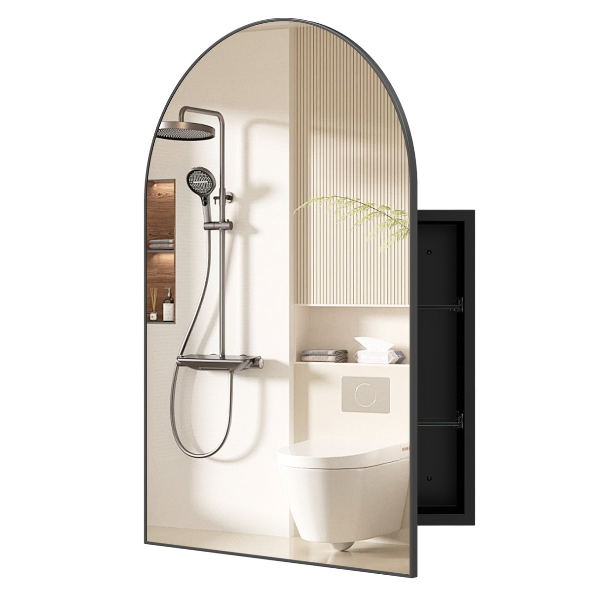 34" x 22" Brushed Metal Wall-Mounted Storage Cabinet with Arched Mirror and Adjustable Shelves-Black