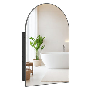 34" x 22" Brushed Metal Wall-Mounted Storage Cabinet with Arched Mirror and Adjustable Shelves-Black