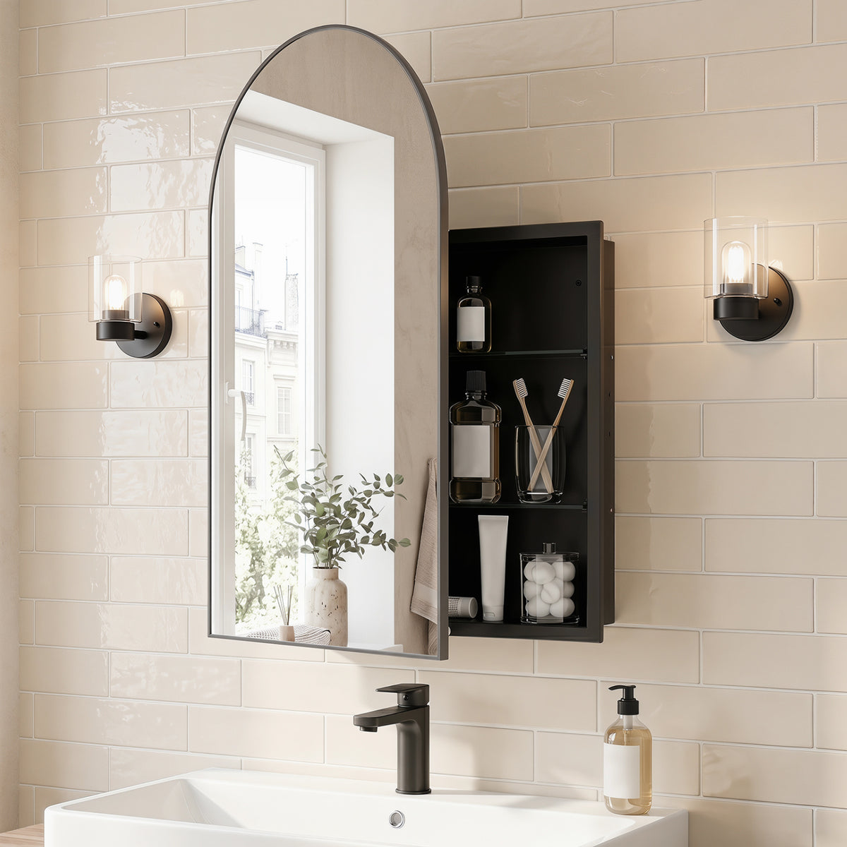 34" x 22" Brushed Metal Wall-Mounted Storage Cabinet with Arched Mirror and Adjustable Shelves-Black