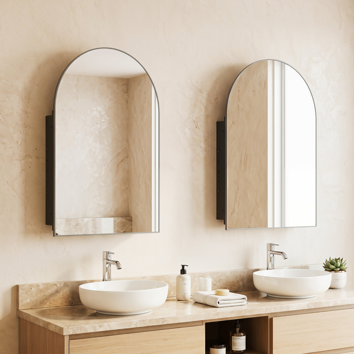 34" x 22" Brushed Metal Wall-Mounted Storage Cabinet with Arched Mirror and Adjustable Shelves-Black