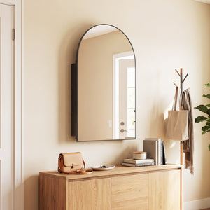 34" x 22" Brushed Metal Wall-Mounted Storage Cabinet with Arched Mirror and Adjustable Shelves-Black