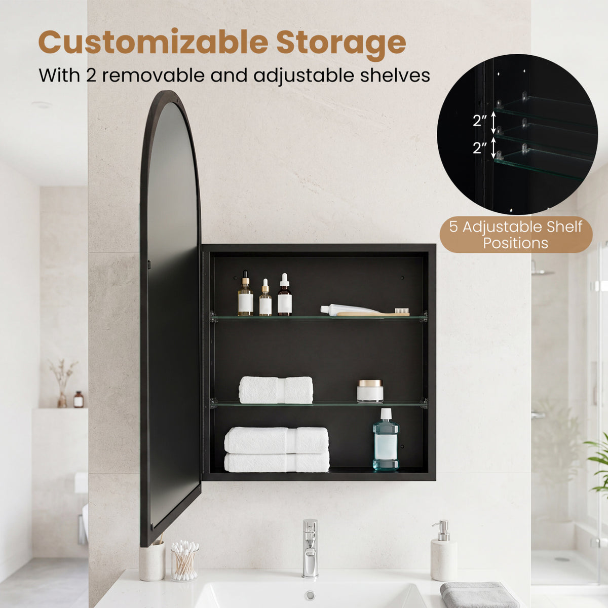34" x 22" Brushed Metal Wall-Mounted Storage Cabinet with Arched Mirror and Adjustable Shelves-Black